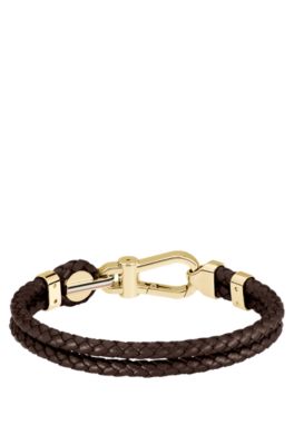 Brown braided-leather cuff with gold-tone carabiner closure, Assorted-Pre-Pack