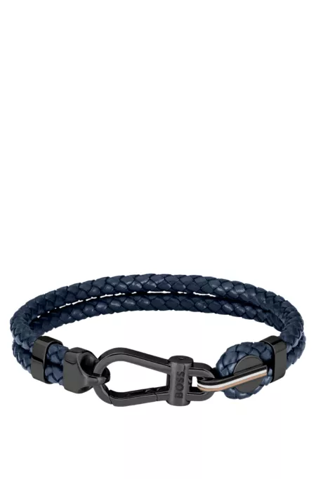 Blue braided-leather cuff with black carabiner closure