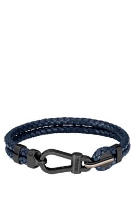 Blue braided-leather cuff with black carabiner closure, Assorted-Pre-Pack