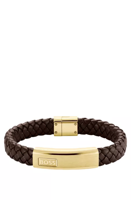 Brown braided-leather cuff with gold-tone logo plate