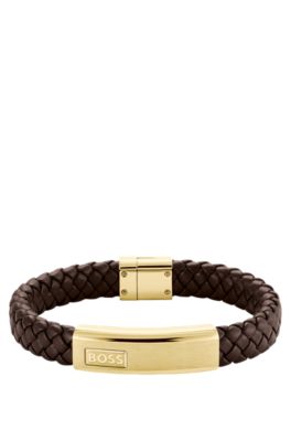Brazalete de piel trenzada marr&oacute;n con placa dorada con logo, Assorted-Pre-Pack