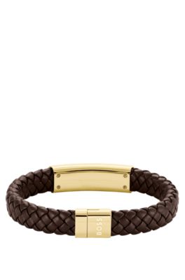 Brown braided leather cuff with gold-tone logo plate, Assorted-Pre-Pack