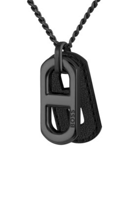 Black-plated necklace with leather tag and metal link, Assorted-Pre-Pack