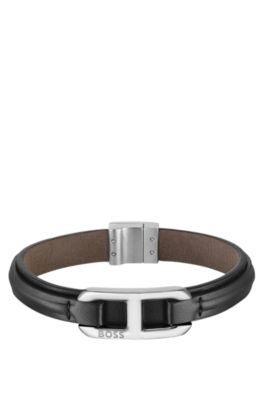 Brown-leather cuff with branded metallic link, Assorted-Pre-Pack