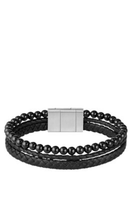 Brazalete con cuentas de ojo de tigre y piel negra trenzada, Assorted-Pre-Pack