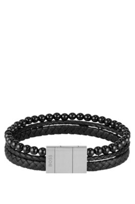 Brazalete con cuentas de ojo de tigre y piel negra trenzada, Assorted-Pre-Pack
