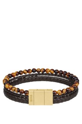 Cuff with beads and braided brown leather, Assorted-Pre-Pack