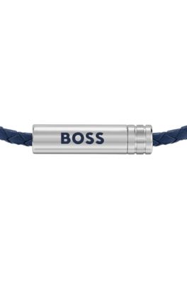 Braided blue leather cuff with logo plaque, Assorted-Pre-Pack