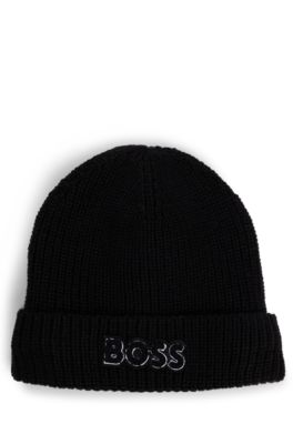 Kids' beanie hat with logo and faux-fur lining, Black