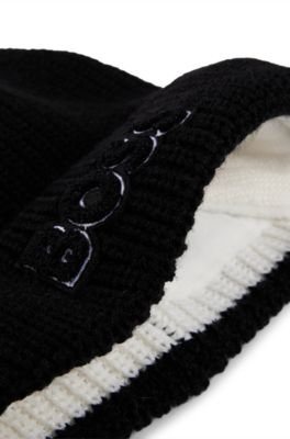 Kids' beanie hat with logo and faux-fur lining, Black