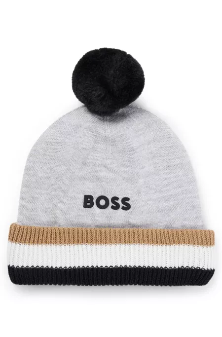 Kids' pom-pom beanie hat with 3D logo print