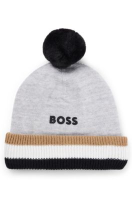 Kids' pom-pom beanie hat with 3D logo print, Light Grey