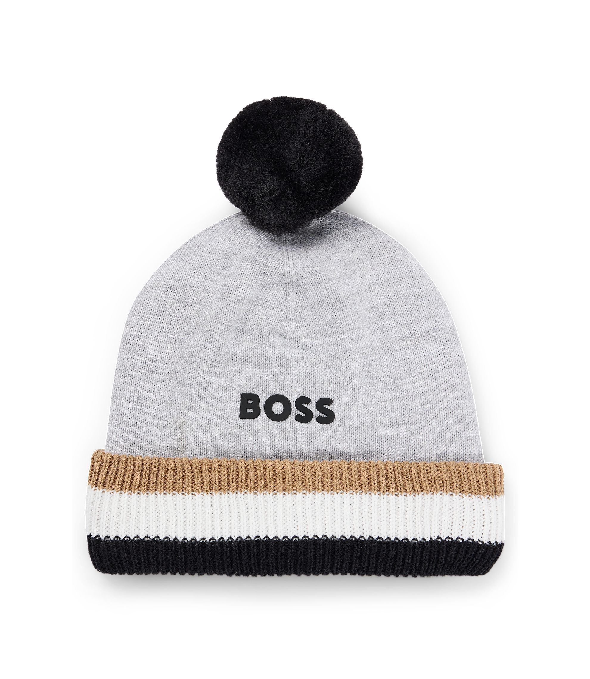 BOSS - Kids' beanie hat with logo print and pompom - Light Grey BOSS - Kids' beanie hat with logo print and pompom - Light Grey