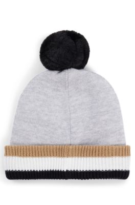 Kids' pom-pom beanie hat with 3D logo print, Light Grey