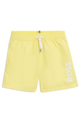 Kids' peached swim shorts with vertical logo print, Light Yellow