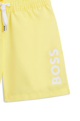 Kids' peached swim shorts with vertical logo print, Light Yellow