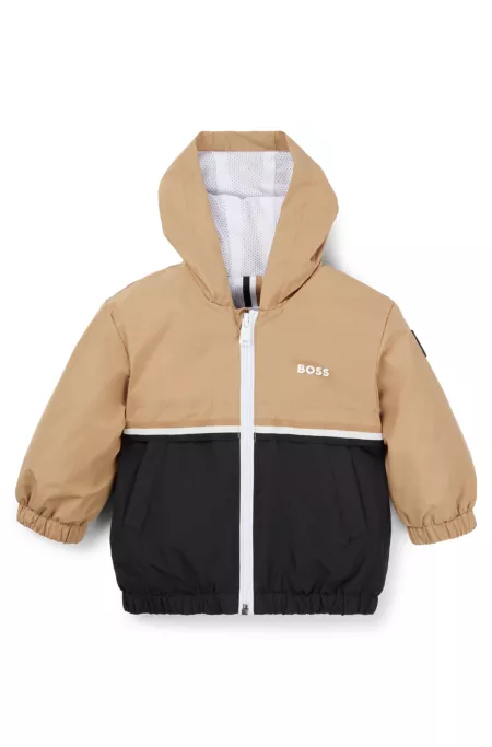 Kids' waterproof hooded jacket with logo and stripes