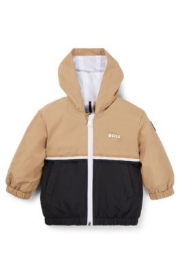 Kids' waterproof hooded jacket with logo and stripes, Black
