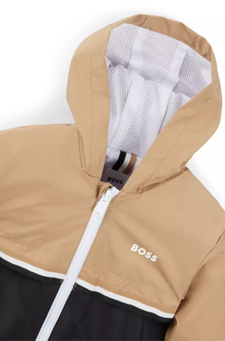 Kids' waterproof hooded jacket with logo and stripes