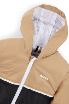 Kids' waterproof hooded jacket with logo and stripes, Black