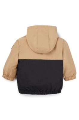 Kids' waterproof hooded jacket with logo and stripes, Black