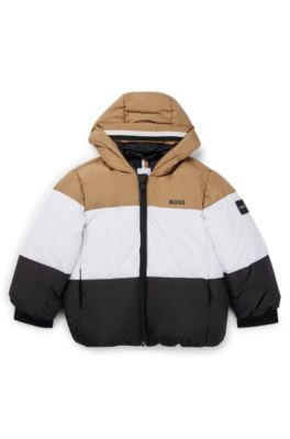 Kids' water-repellent puffer jacket with signature-stripe colors, Black