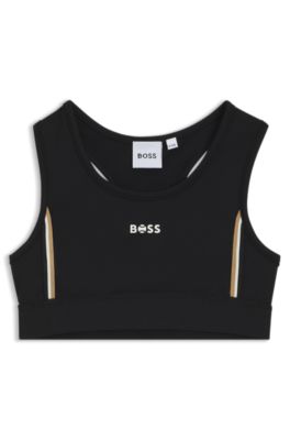 Kids' sports bra with logo and signature stripes, Black