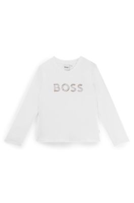 Camiseta de manga larga de algod&oacute;n para ni&ntilde;os con detalle de rayas de la marca, Blanco