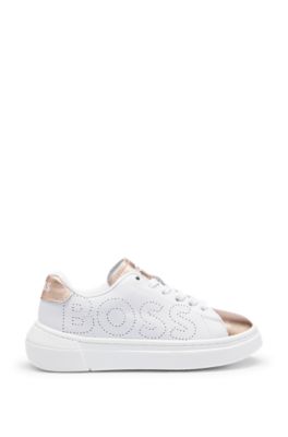 Kids' leather trainers with perforated logo, White
