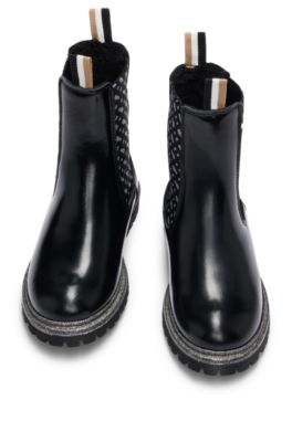 Botines Chelsea de charol para ni&ntilde;os con paneles de monogramas, Negro