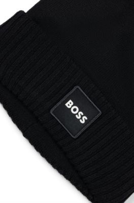 Kids' logo-badge beanie hat with double layer, Black