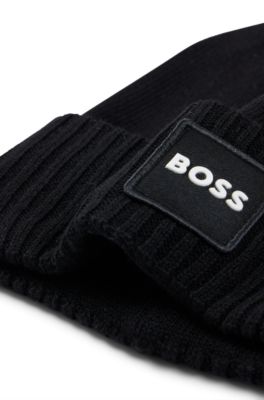 Kids' logo-badge beanie hat with double layer, Black