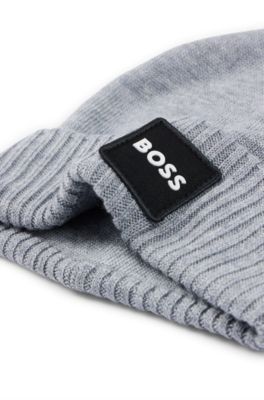 Kids' logo-badge beanie hat with double layer, Light Grey