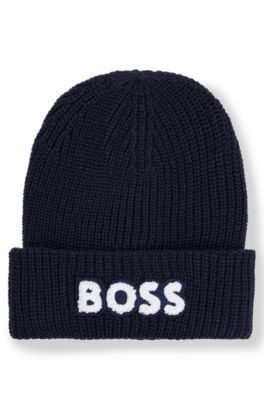 Kids' double-layer beanie hat with terry branding, Dark Blue