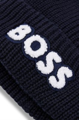 Kids' double-layer beanie hat with terry branding, Dark Blue