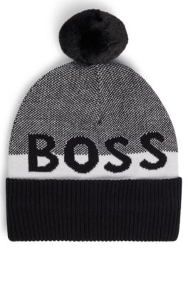 Kids' beanie hat with pompom and jacquard-woven logo, Black