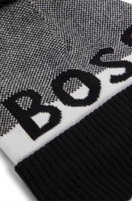 Kids' beanie hat with pompom and jacquard-woven logo, Black