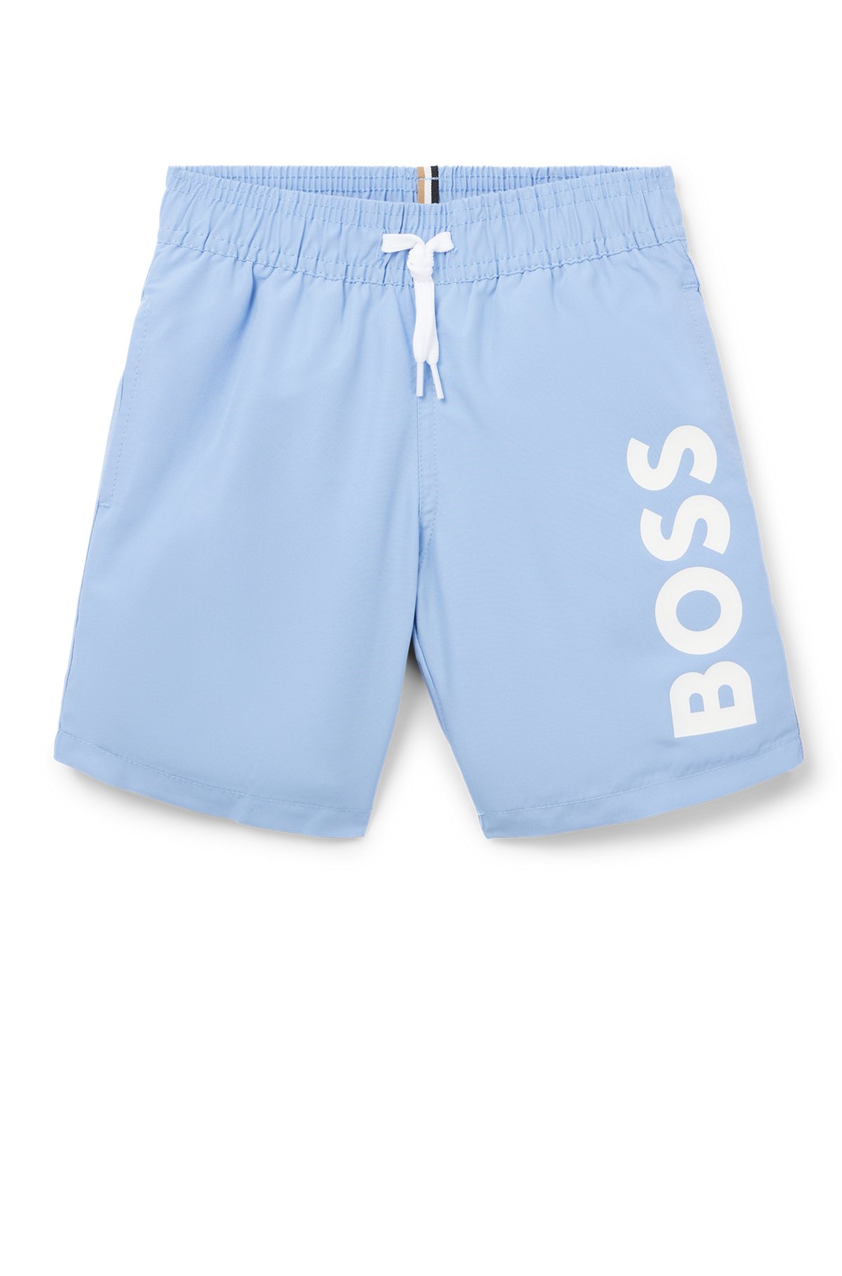 Kids' swim shorts in peached fabric with contrast logo, Light Blue