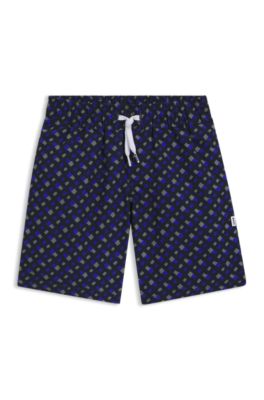 Kids' monogram-print swim shorts with full lining, Dark Blue