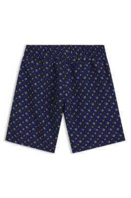 Kids' monogram-print swim shorts with full lining, Dark Blue