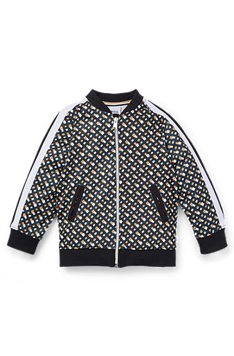 Kids' zip-up jacket with monogram print and stripes, Black