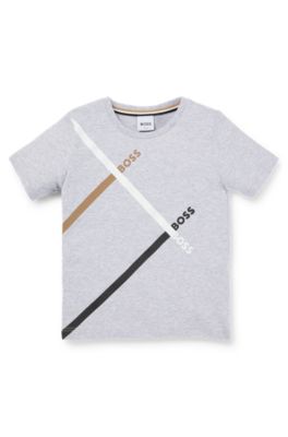 BOSS Kids slim fit T shirt in cotton with signature stripes Light Grey