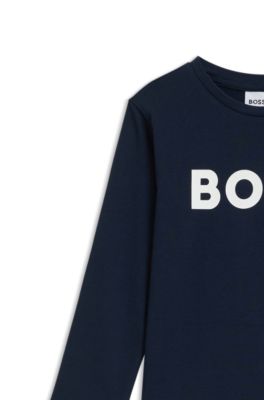 Kids' long-sleeved contrast-logo T-shirt in cotton, Dark Blue