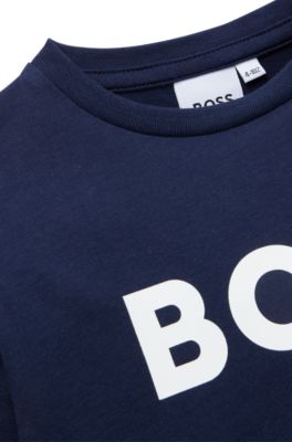 Kids' long-sleeved contrast-logo T-shirt in cotton, Dark Blue