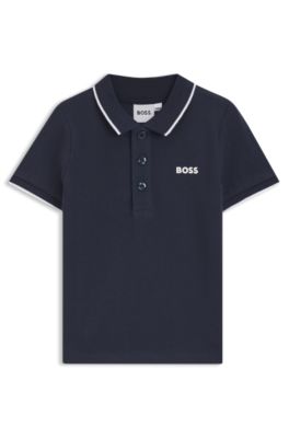 Kids' printed-logo polo shirt in cotton piqu&eacute;, Dark Blue