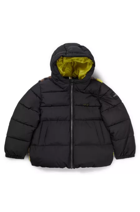 Kids' hooded jacket with camouflage sherpa back