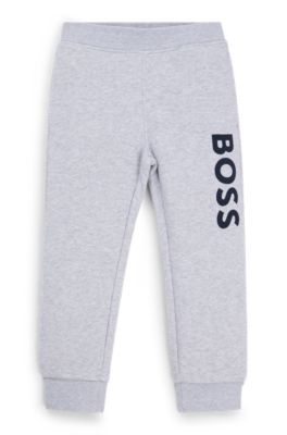 Kids' fleece tracksuit bottoms with vertical logo print, Light Grey