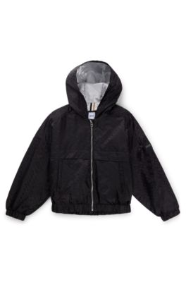 Kids' hooded windbreaker jacket with monogram pattern, Black