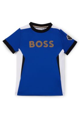 Kids' slim-fit T-shirt with color-blocking and branding, Blue