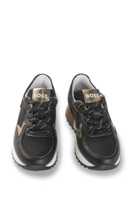 Kids' mixed-material trainers with mesh and leather, Black